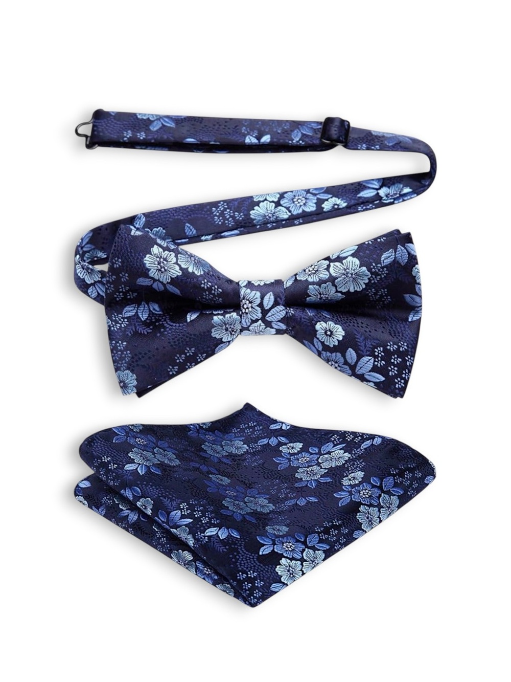 Men’s Blue Floral Bow Tie with Matching Pocket Square Set for Men